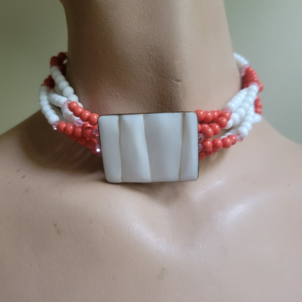Vintage Multi Strand Coral White Bead Choker Necklace 13.5ā Inch Retro
